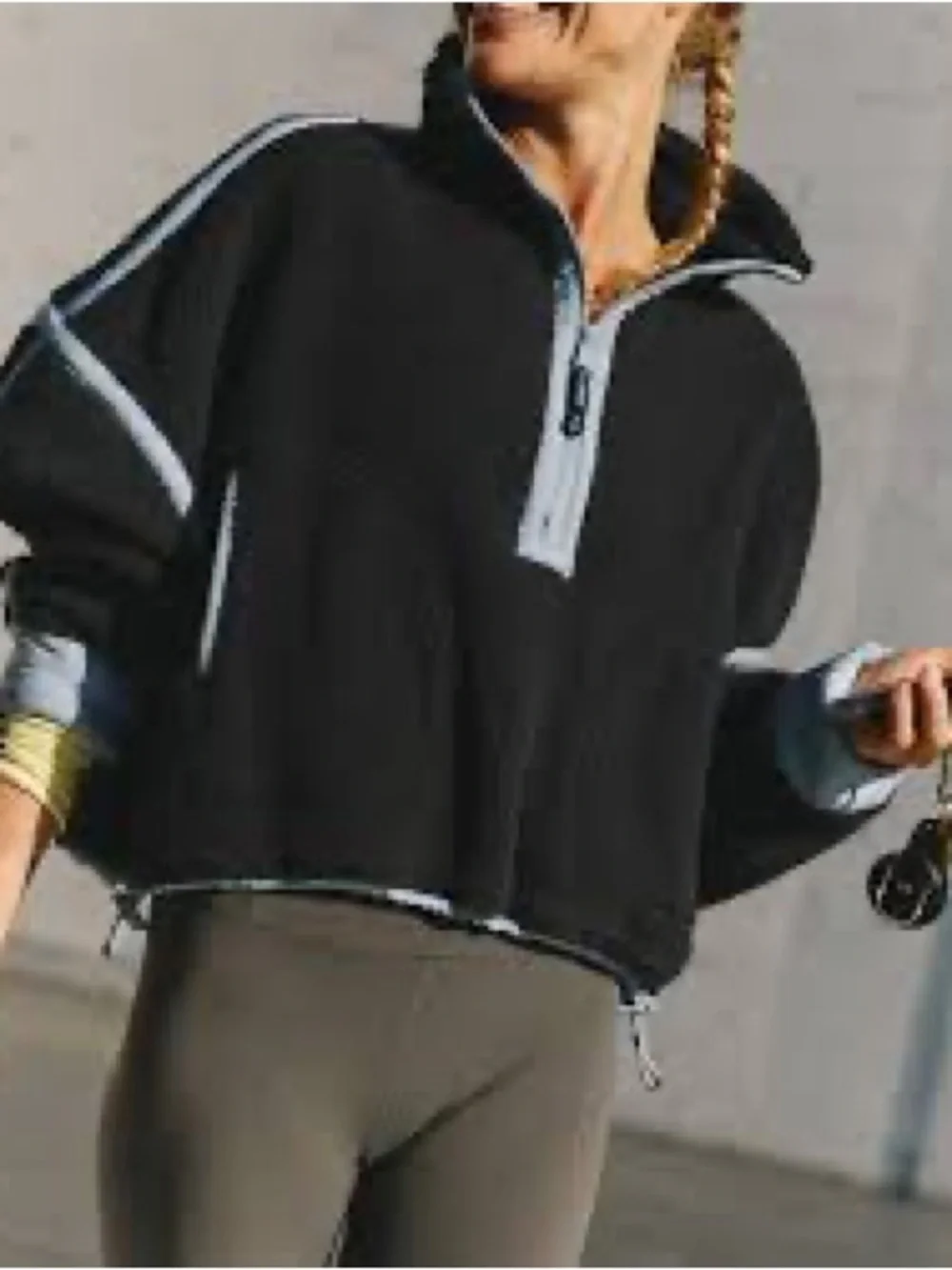 Free People Black Sherpa Half-Zip Jacket with Light Blue Trim